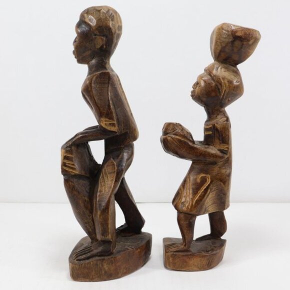 2 Vintage Primitive Figurines African Wood Carving Women Basket Tribal Folk Art - Picture 4 of 14